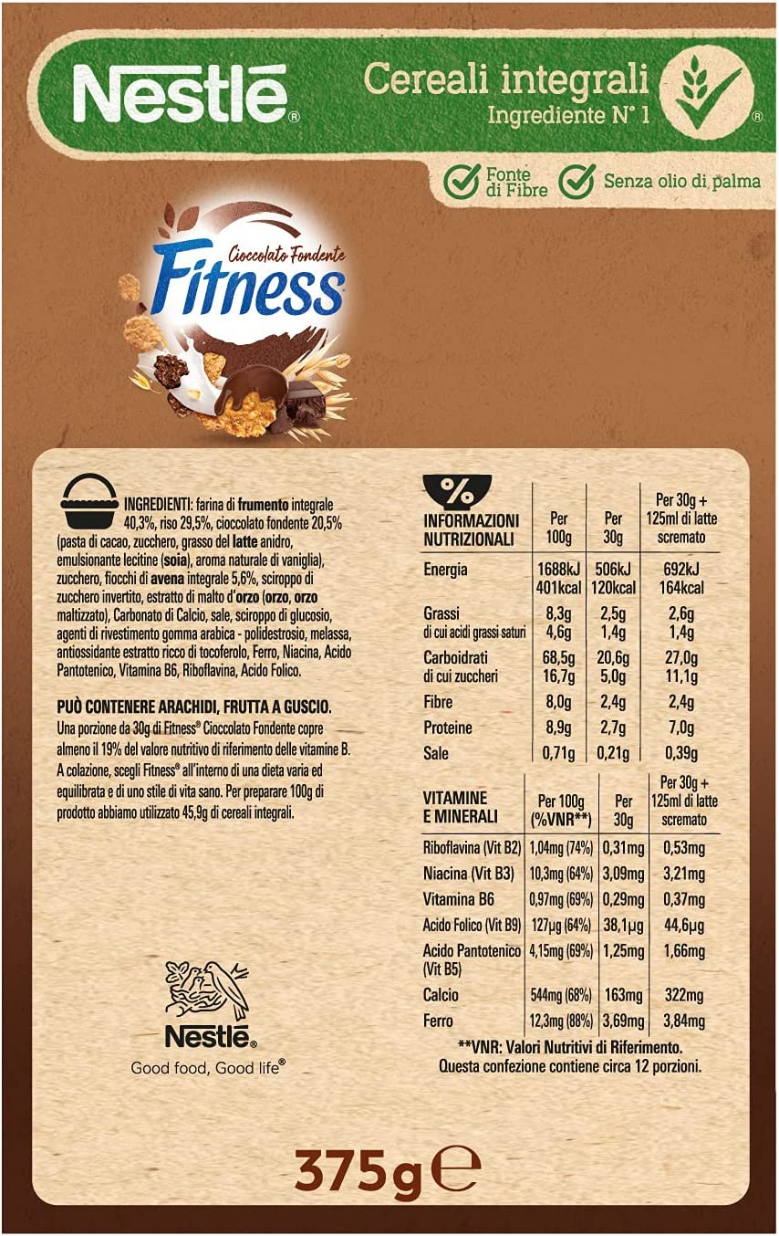 Nestlé Fitness Cioccolato Fondente Cereali con Frumento e Avena Integrali e Fiocchi Ricoperti al Cioccolato Fondente 375 g