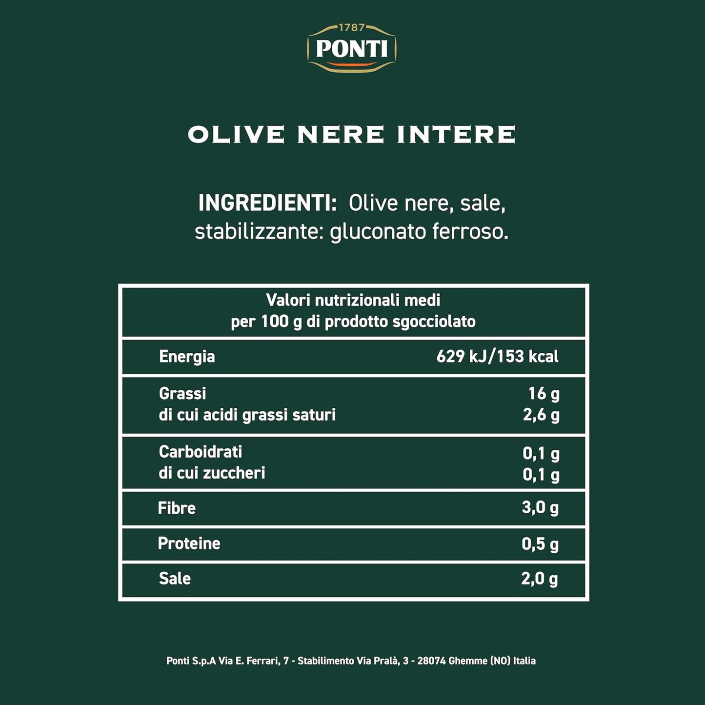 Ponti, Olive Nere Intere, Ideali da Aggiungere ad Insalate e Pizze, Ottimi anche come Antipasto, dal Sapore Ricco e dalla Consistenza Succosa, 100% Made in Italy, 400 g