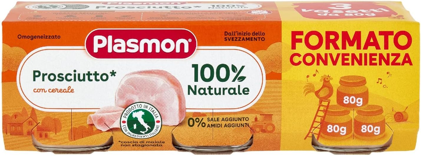 Plasmon Omogeneizzato Carne Prosciuto e cereale 80g 24 Vasetti Con Carne Italiana, 100% naturale, senza amidi e sale aggiunti