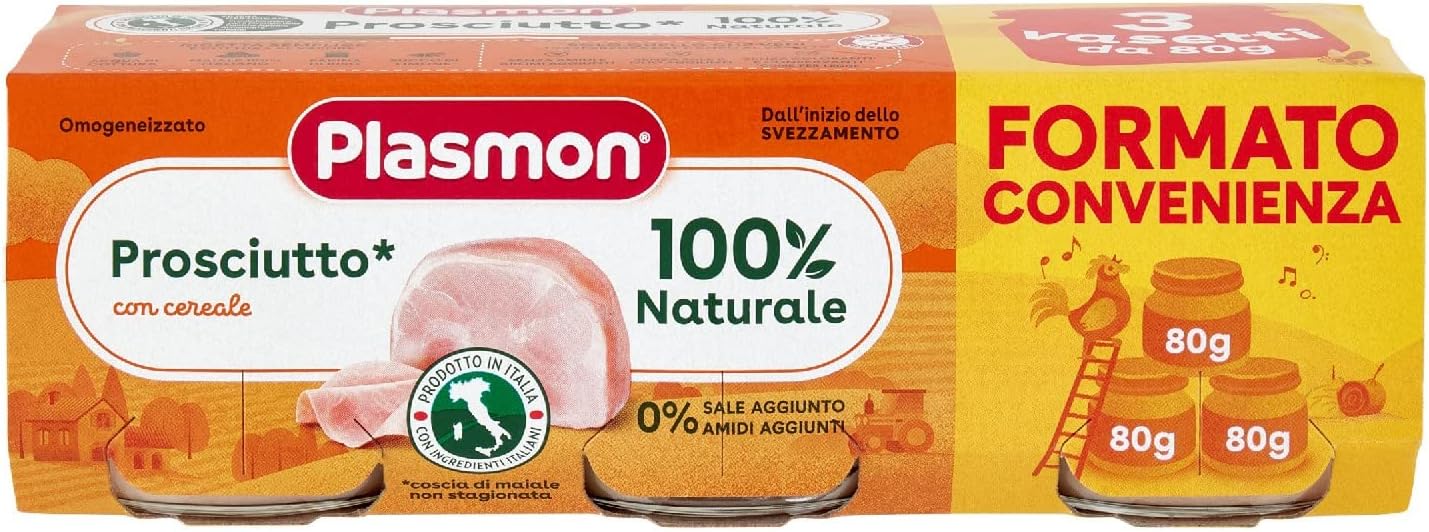 Plasmon Omogeneizzato Carne Prosciuto e cereale 80g 24 Vasetti Con Carne Italiana, 100% naturale, senza amidi e sale aggiunti