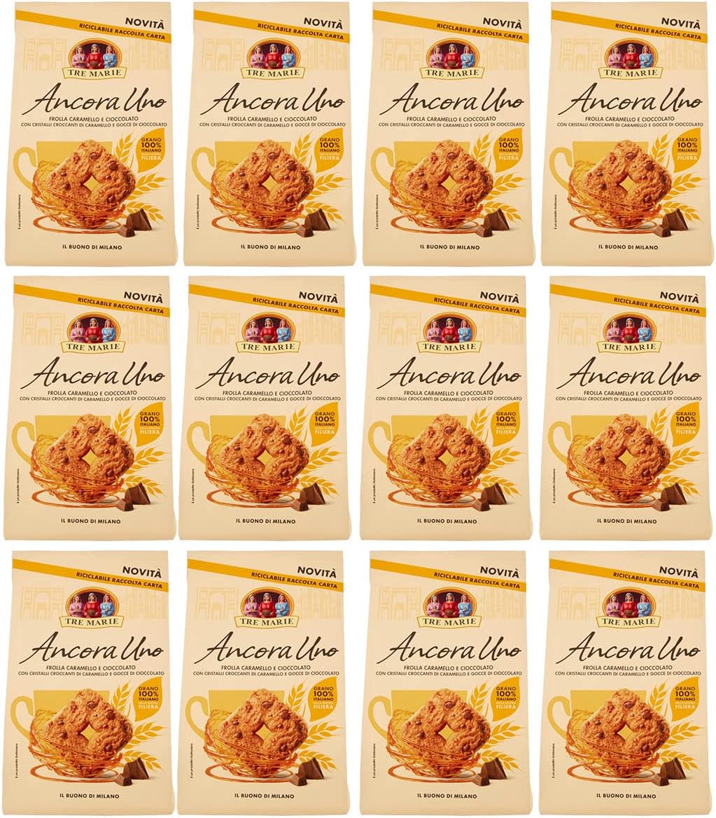 12X Tre Marie "Ancora Uno" Biscotti Frollino al Caramello e con Gocce di Cioccolato Grano 100% Italiano 300gr [12 Confezioni]