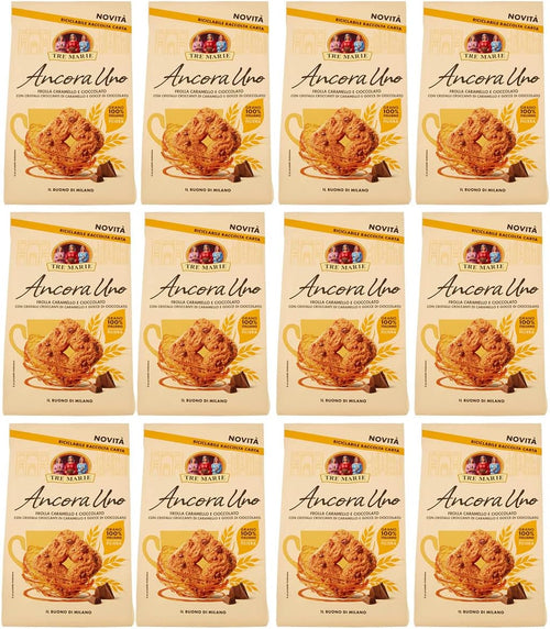 12X Tre Marie "Ancora Uno" Biscotti Frollino al Caramello e con Gocce di Cioccolato Grano 100% Italiano 300gr [12 Confezioni]