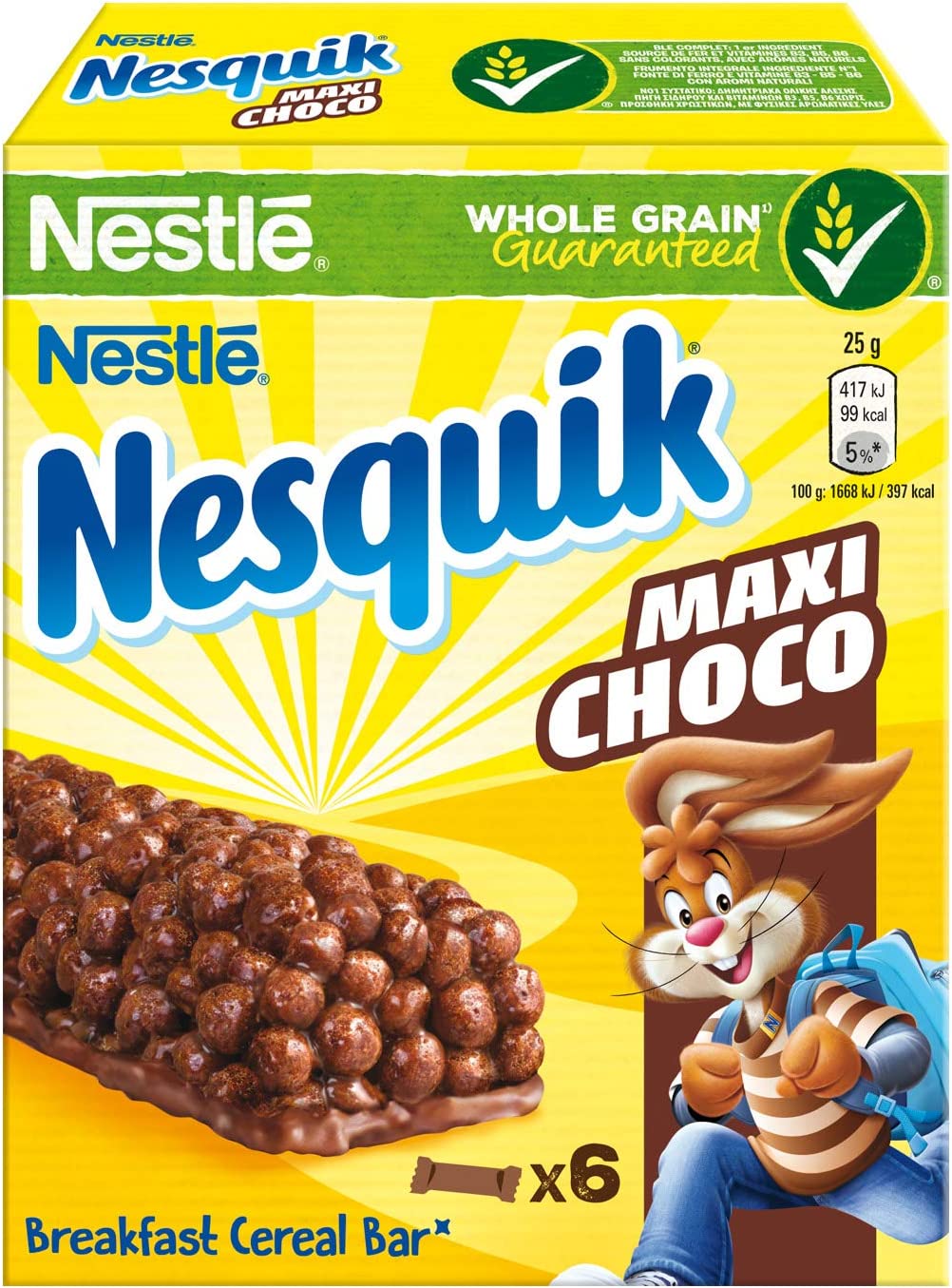 Nesquik Cereali Maxi Choco Barrette di Cereali al Cioccolato e al Latte, 6 Pezzi