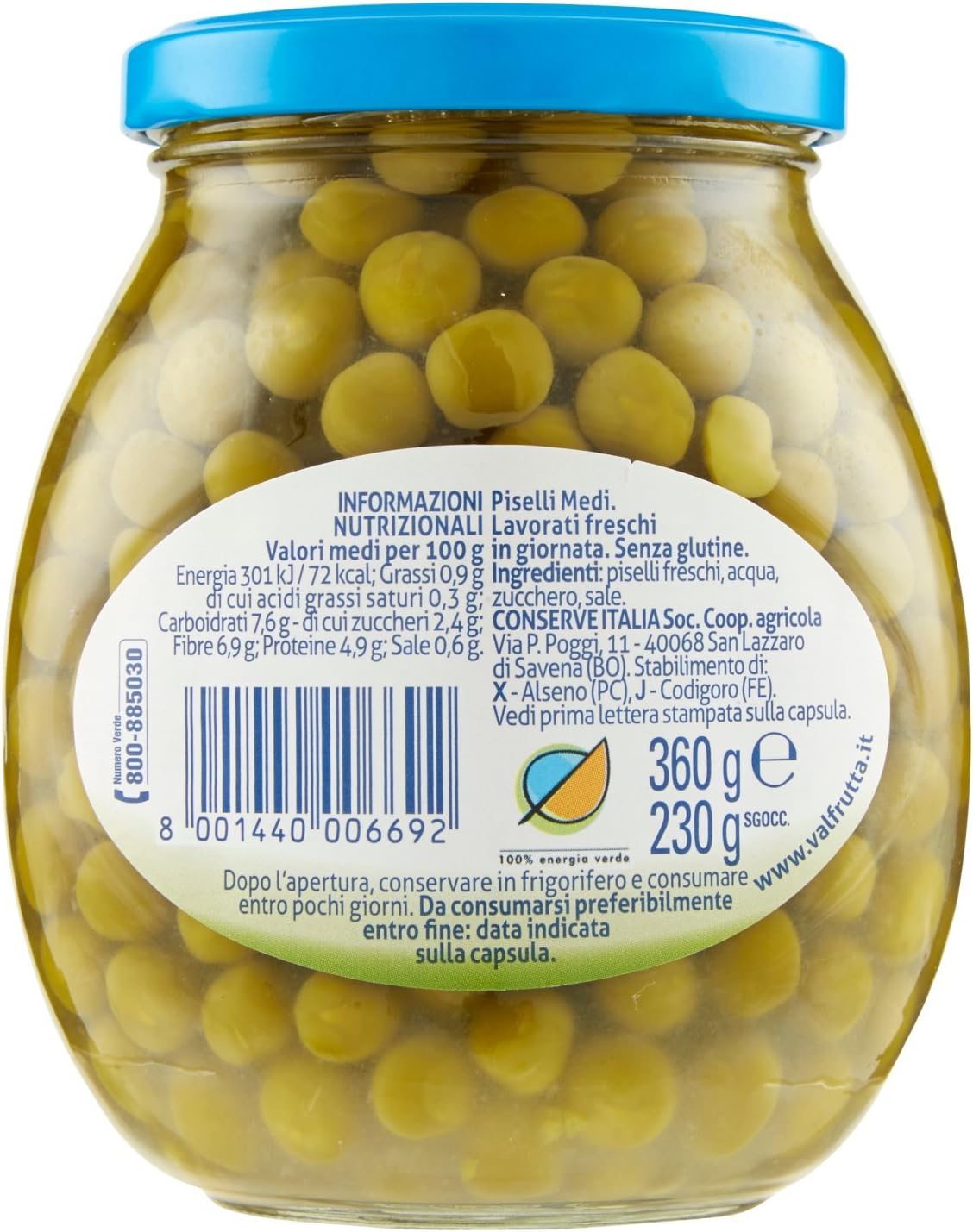 Valfrutta - Piselli Italiani, Medi - 12 pezzi da 360 g [4320 g]