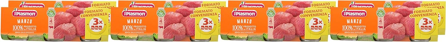 Plasmon Omogeneizzato Carne Manzo e cereale 80g 24 Vasetti Con Carne Italiana, 100% naturale, senza amidi e sale aggiunti