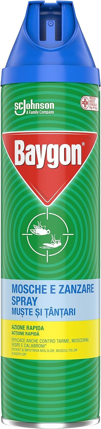 Baygon Mosche e Zanzare Spray Insetticida, Azione Rapida, Protezione a Lunga Durata, 1 Confezione da 400 ml