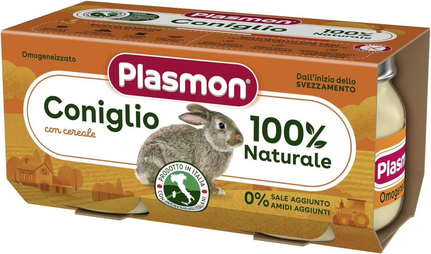 Plasmon Omogeneizzato Carne Coniglio e cereale 2x80g Con Carne Italiana, 100% naturale, senza amidi e sale aggiunti