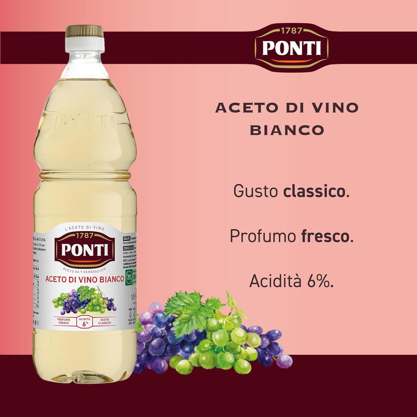 Ponti, Aceto di Vino Classico Bianco, Realizzato con Vini Selezionati, Ideale per Accompagnare Verdure Crude e Cotte, Acidità 6%, 100% Made in Italy, PET da 1L