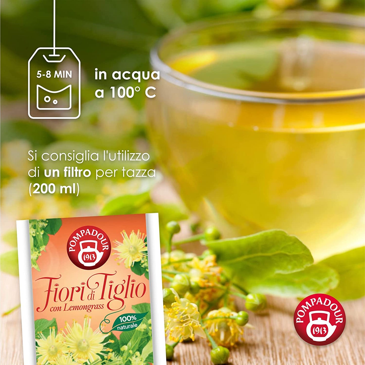 Pompadour, Infuso Fiori di Tiglio con Lemongrass, 60 Filtri ( 3 Confezioni da 20 Filtri), Lenitivo e Rilassante, Ideale per la Sera, 100% Naturale, Senza Lattosio, Glutine e Allergeni, Vegan