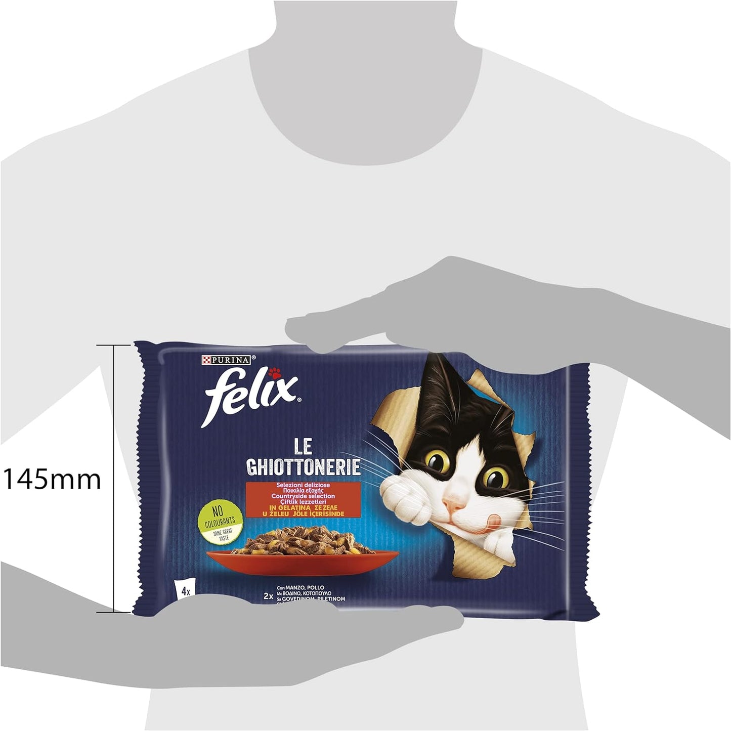 Purina Felix Le Ghiottonerie Cibo Umido per Gatti con Manzo e Pollo, 4 buste da 85 g Ciascuna