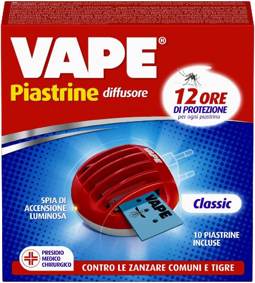 Vape Diffusore Elettrico Classico Contro Zanzare comuni e tigre, Durata 12 Ore, con 10 Piastrine incluse