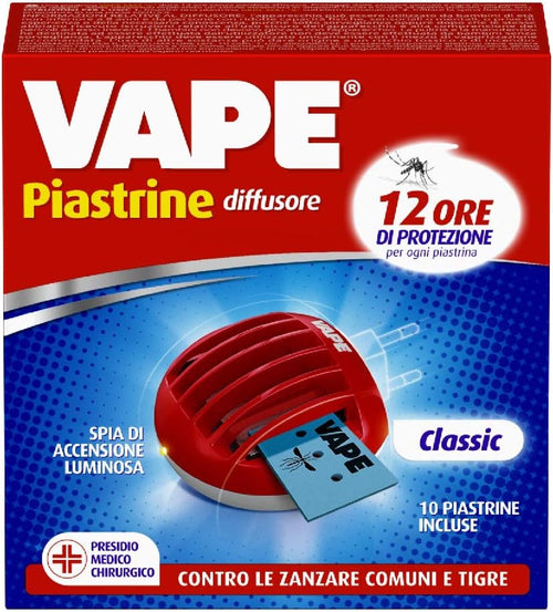 Vape Diffusore Elettrico Classico Contro Zanzare comuni e tigre, Durata 12 Ore, con 10 Piastrine incluse