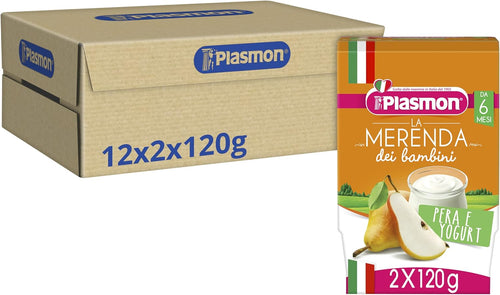 Plasmon Omogeneizzato La Merenda Nutri-Mune Pera e Yogurt 120gr 24 Vaschette Con pere e yogurt italiani, Solo zuccheri della frutta e dello yogurt