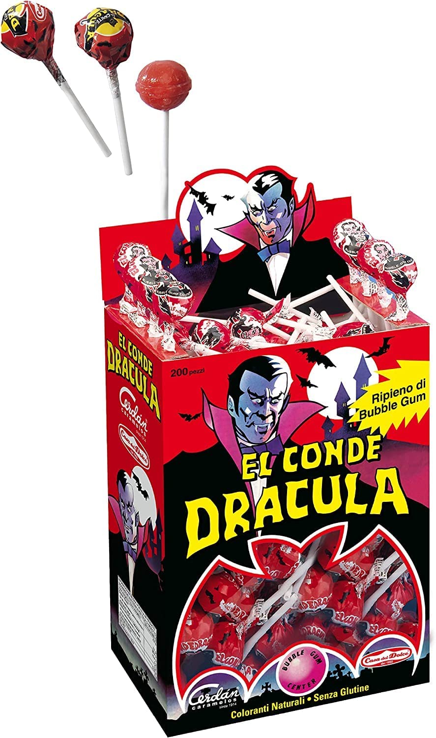 Casa Del Dolce - "El Conde Dracula" L'Originale - Box 200 pz - Lecca Lecca al gusto di Ciliegia con Ripieno Bubble Gum