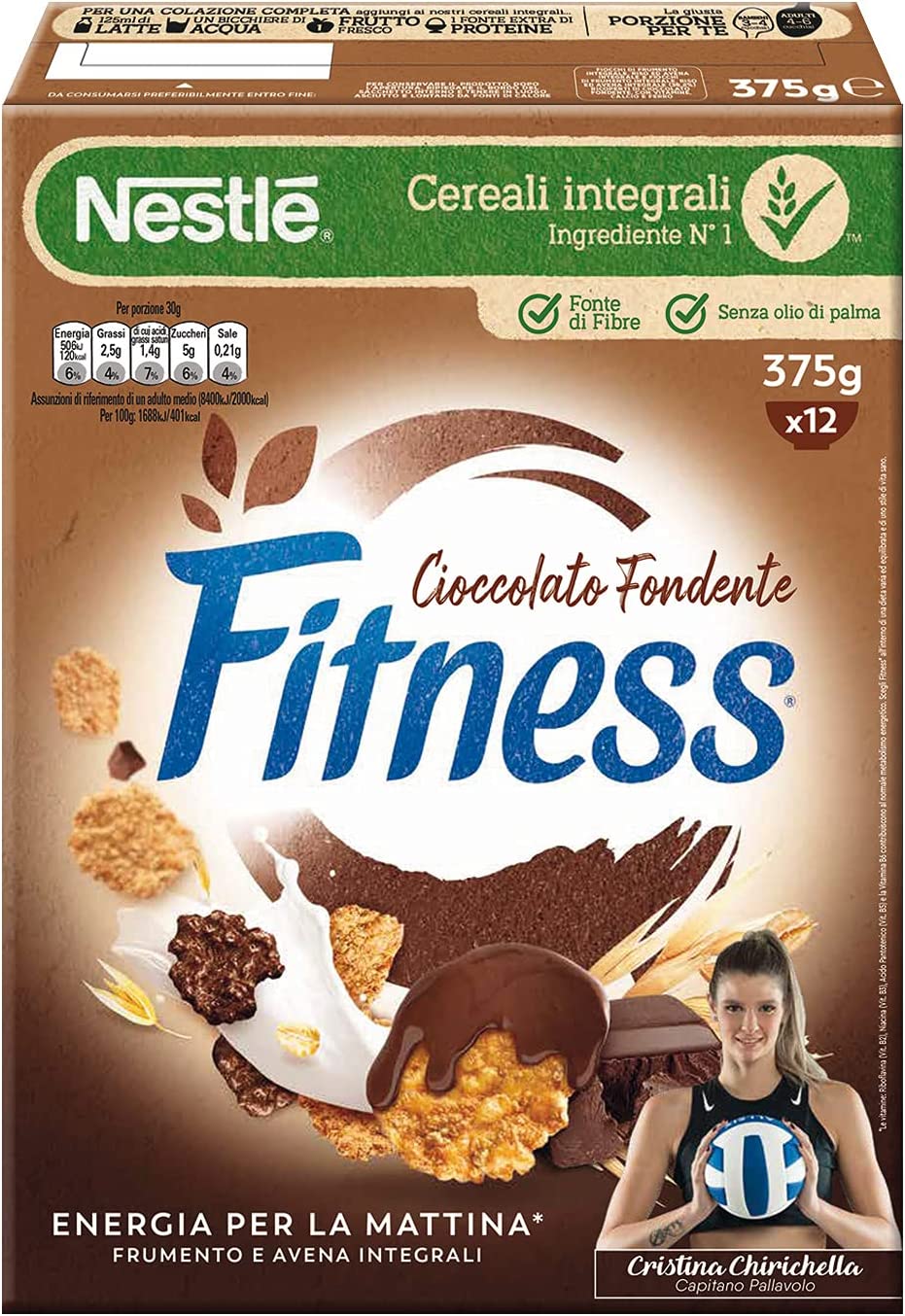 Nestlé Fitness Cioccolato Fondente Cereali con Frumento e Avena Integrali e Fiocchi Ricoperti al Cioccolato Fondente 375 g