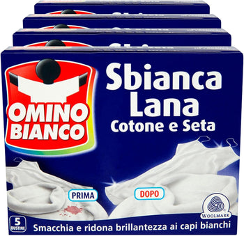 Omino Bianco - Sbianca Lana, in Polvere, per Capi Bianchi con Formula Sbianca e Smacchia, in Polvere 5 Buste ogni Confezione, 100g x 4 Confezioni