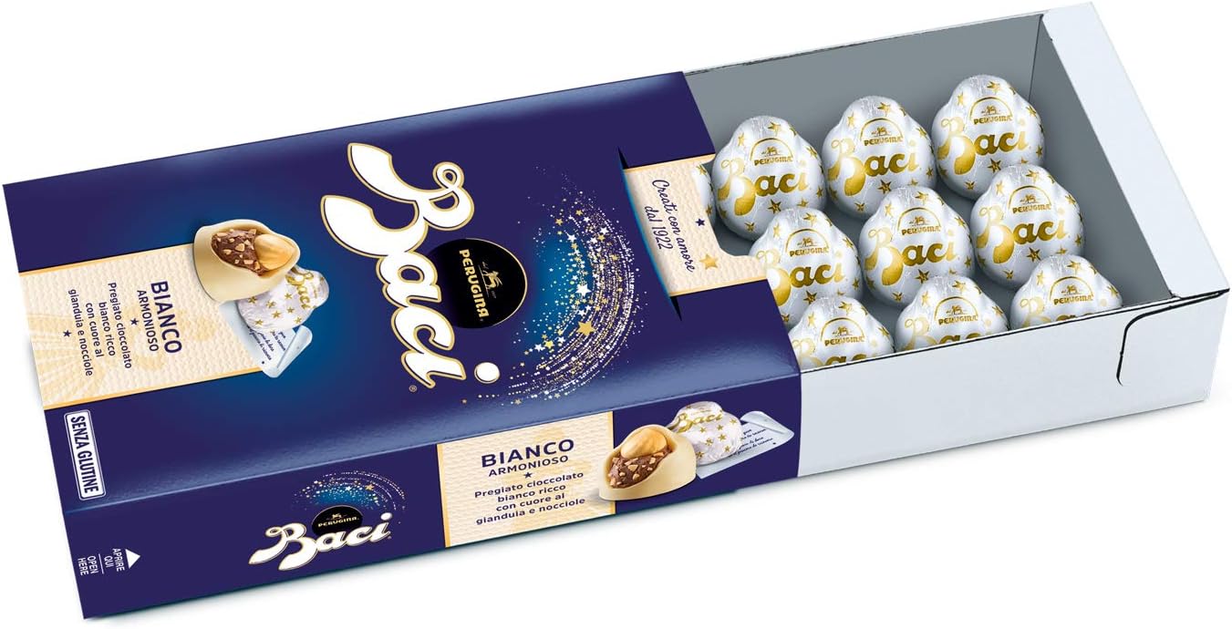 Baci Perugina Bianco Cioccolatini al Cioccolato Bianco Ripieno al Gianduia e Nocciola Intera, 200 g