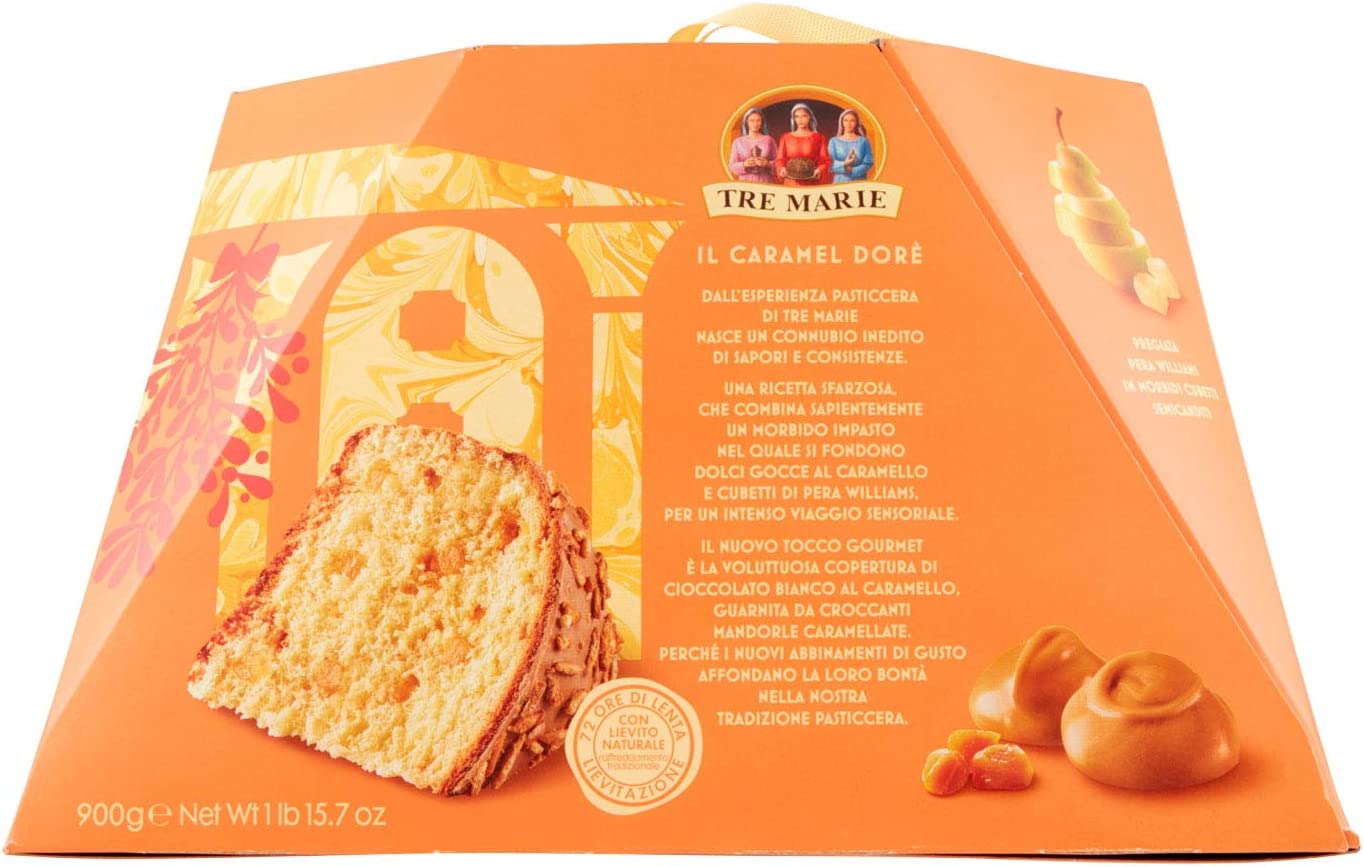 Tre Marie Panettone Con Gocce Di Caramello Copertura Cioccoalto Bianco Al Caramello E Cubetti Di Pere Williams, 900g