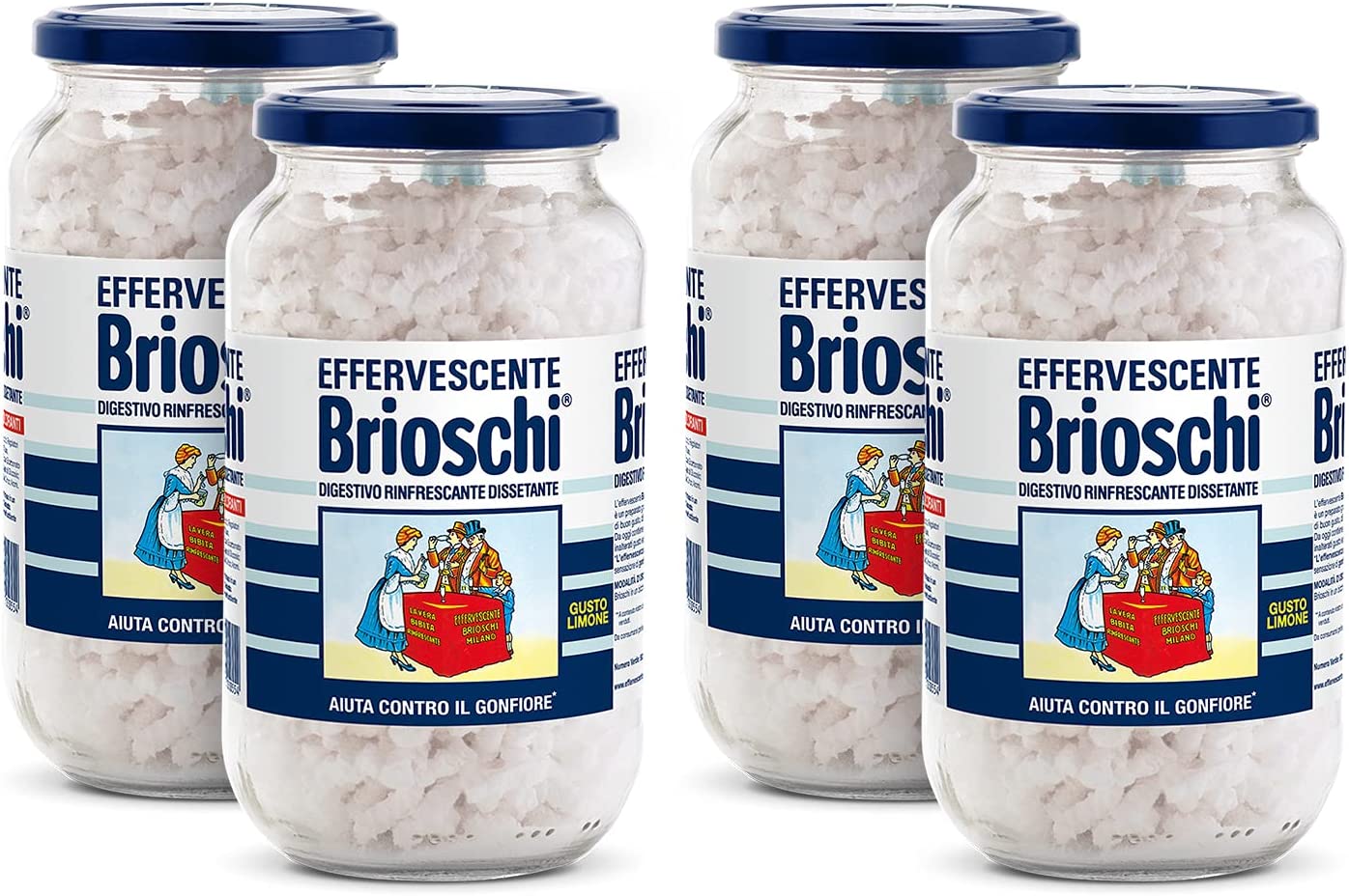 Brioschi - Granulare Effervescente in Vaso al Gusto di Limone - Digestivo Rinfrescante e Dissetante, Aiuta contro il Gonfiore e la Pesantezza - Confezione da 4 Vasi da 100 gr