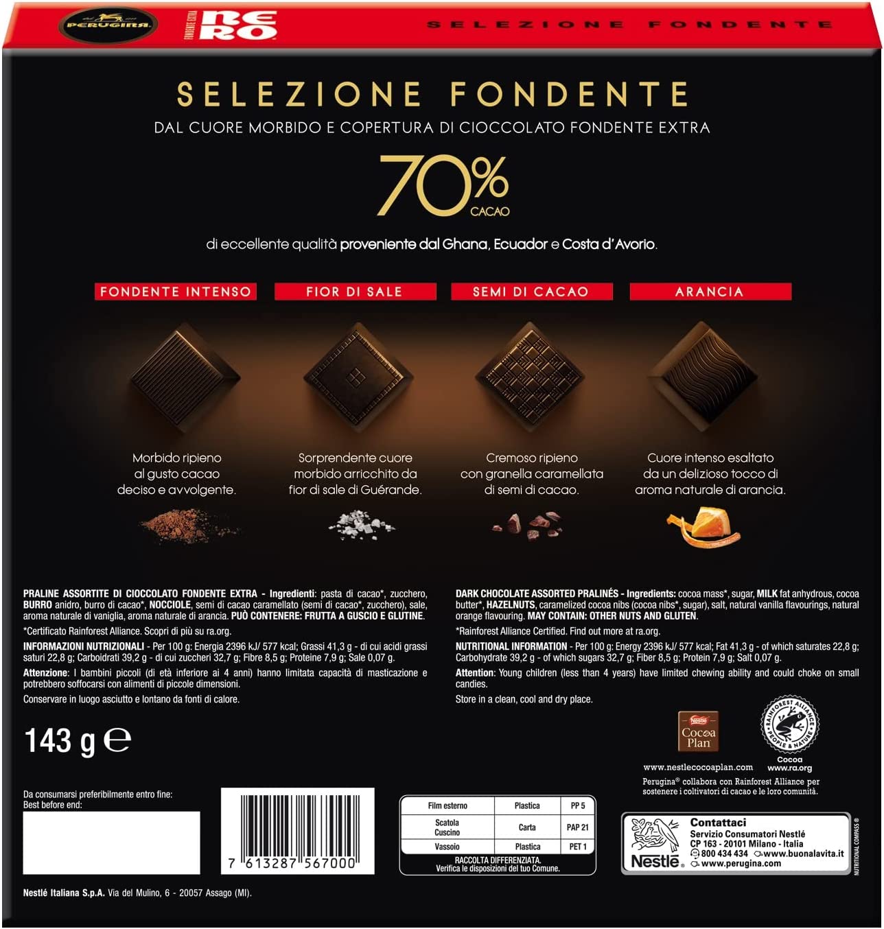 Perugina Nero Selezione Fondente Cioccolatini Assortiti di Cioccolato Fondente Extra Scatola Regalo, 143g