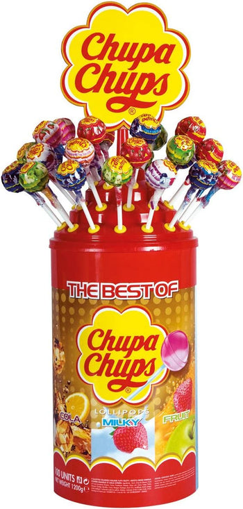 Chupa Chups The Best Of Sucettes aux Goûts assortis: Fraise, Pomme, Cola, Cerise, Lait Fraise, Cacao-Vanille et Kiwi-Fraise-Orange, 100 Pièces, 1200g