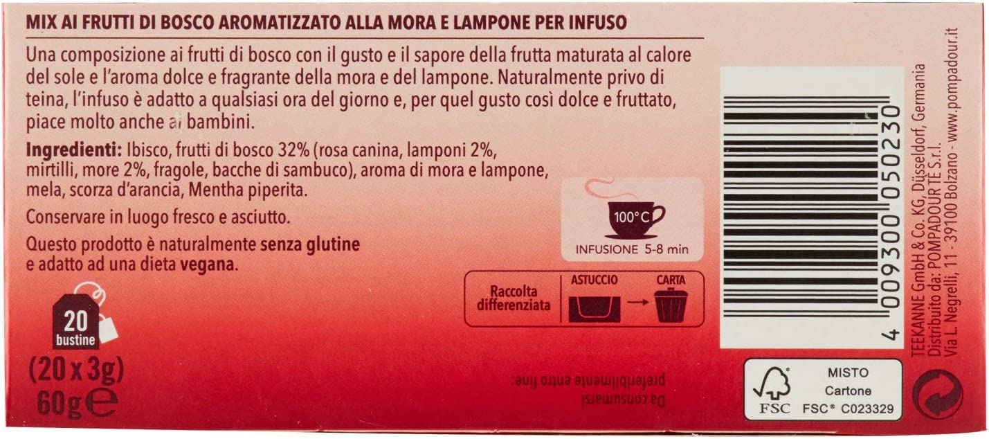 Pompadour Infuso, Mora Lampone, 20 Filtri x 3 gr [60 gr]