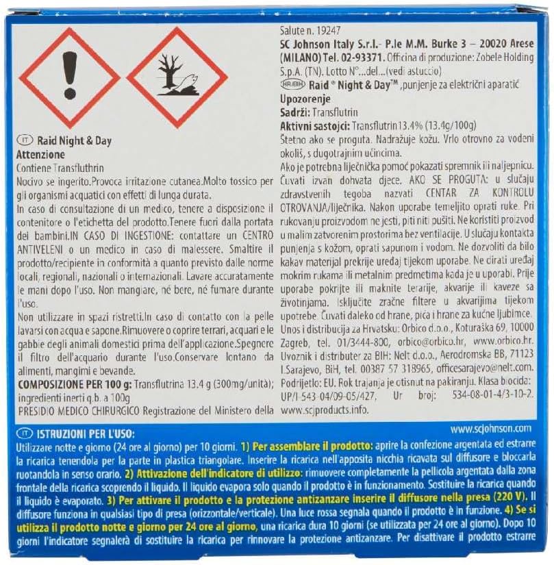 12 Raid Night & Day ricarica per diffusore Zanzare tigre e comune antizanzara