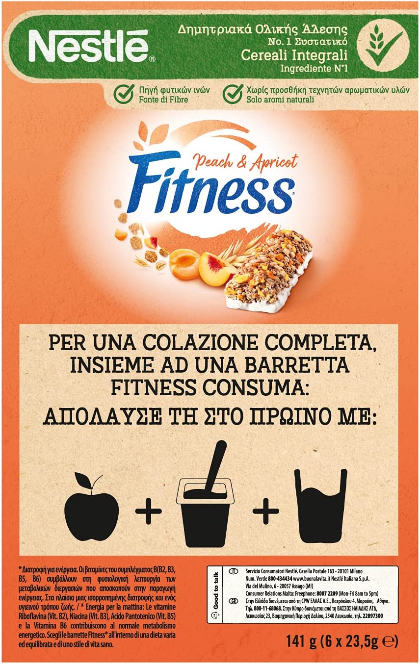 FITNESS Peach & Apricot Barrette di Cereali con Albicocche e Pesche, 6 Barrette da 23.5 g