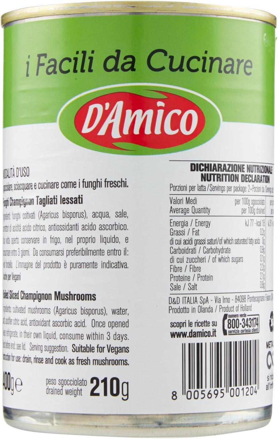 D'Amico - I Facili da Cucinare, Funghi Champignons, tagliati e lessati al naturale - 6 pezzi da 400 g [2400 g]