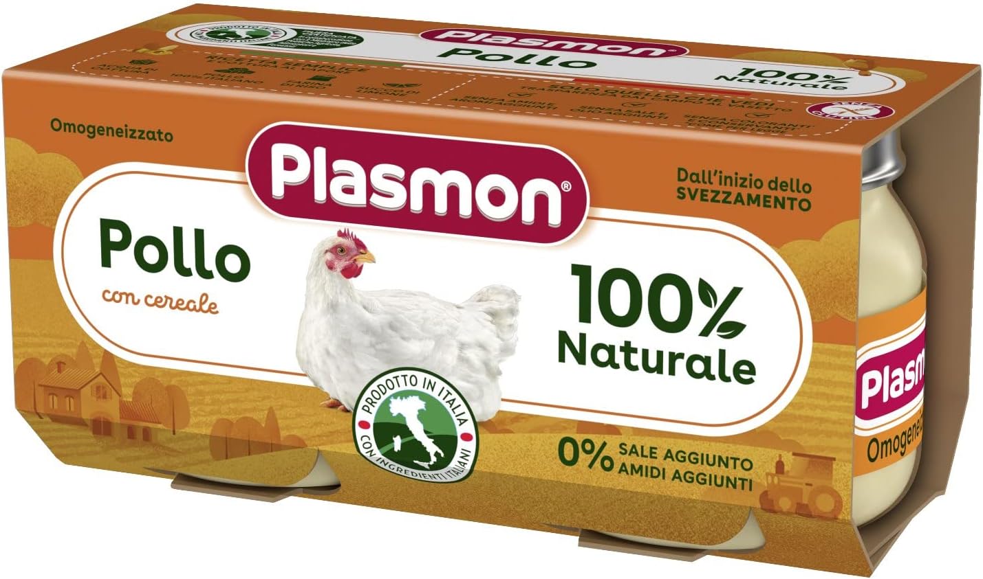 Plasmon Omogeneizzato Carne Pollo e cereale 80g 12 Vasetti Con Carne Italiana, 100% naturale, senza amidi e sale aggiunti