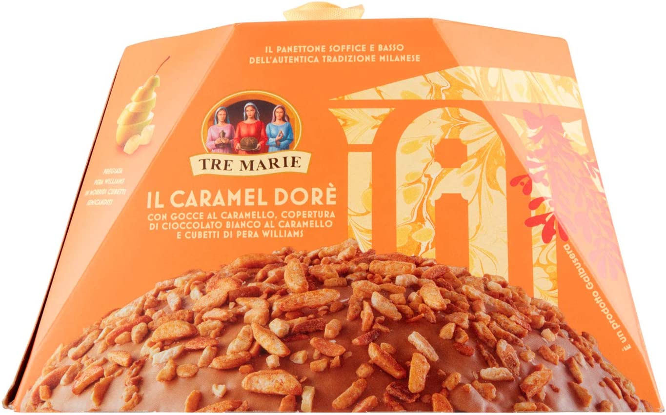 Tre Marie Panettone Con Gocce Di Caramello Copertura Cioccoalto Bianco Al Caramello E Cubetti Di Pere Williams, 900g