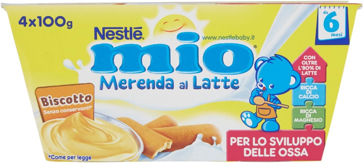 Nestlé Mio - Merenda al Latte Biscotto, da 6 Mesi - 3 confezioni da 4 Vasetti di plastica da 100 g [12 vasetti, 1200 g]