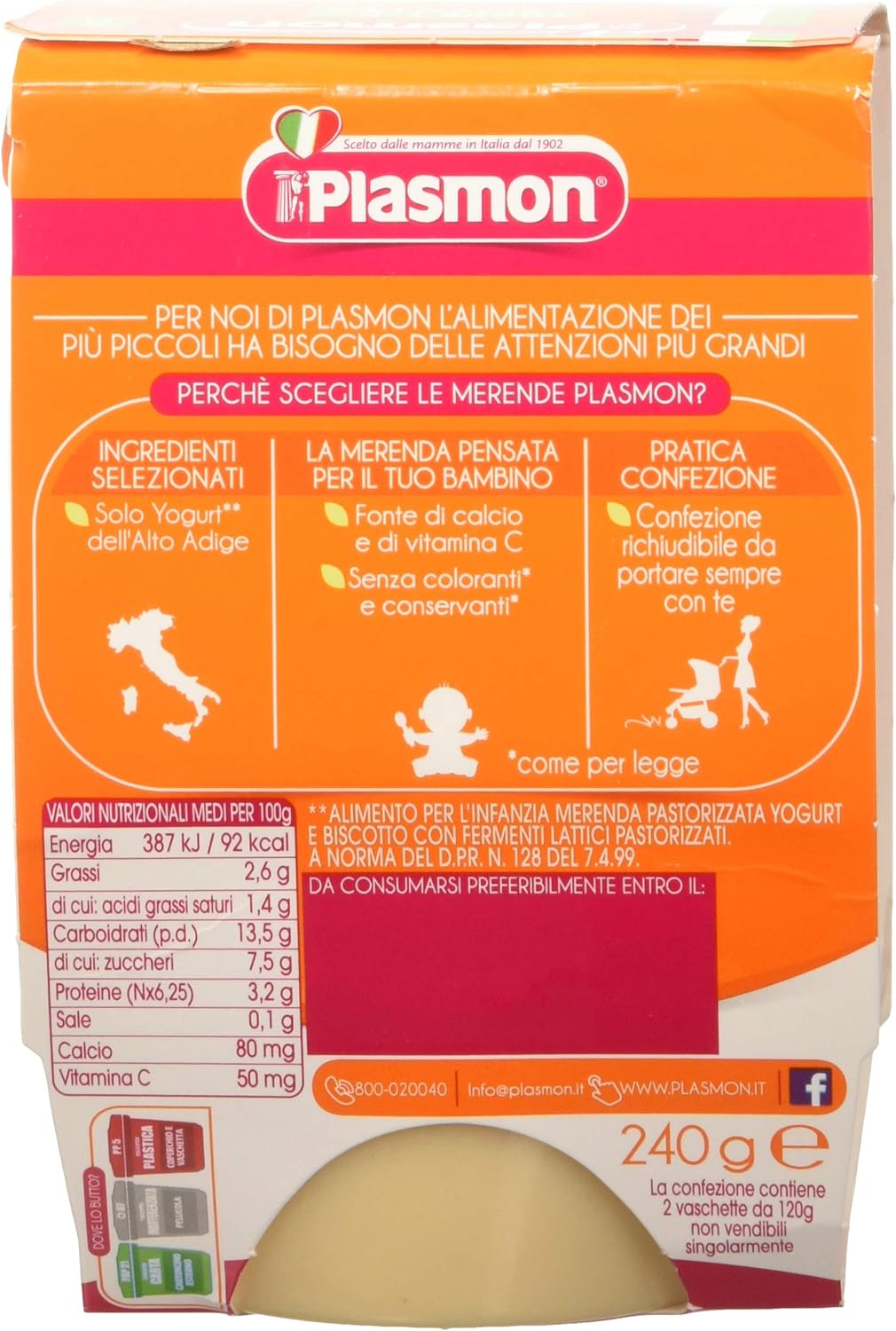 Plasmon Omogeneizzato La Merenda dei Bambini Yogurt e Biscotto 120gr 24 Vaschette Con materie prime selezionate, Ricetta golosa preparata con cura