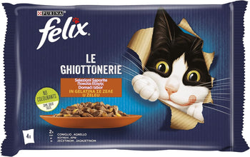 Purina Felix Le Ghiottonerie Cibo Umido per Gatti con Coniglio e Agnello, 4 buste da 85 g Ciascuna
