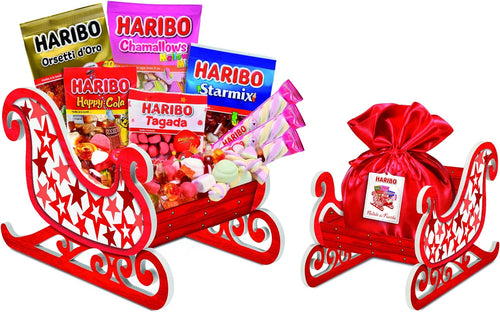 LE CADEAU | Confezione Regalo "Slitta Natale da Favola Haribo", Cesto Alimentare Natalizio Composto Da Caramelle Gommose Haribo, Orsetti, Happy Cola, Chamallows e Tante Altre, Idea Regalo Natale