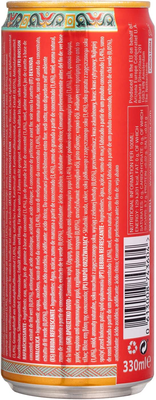 Arizona, Green Tea & Pomegranate, Deliziosa Bevanda al Tè Verde con l'Aggiunta di Melograno, Gusto Dolce e Delicato, Ideale da Gustare in Ogni Momento, Senza Aromi e Coloranti, Lattina da 330 mL