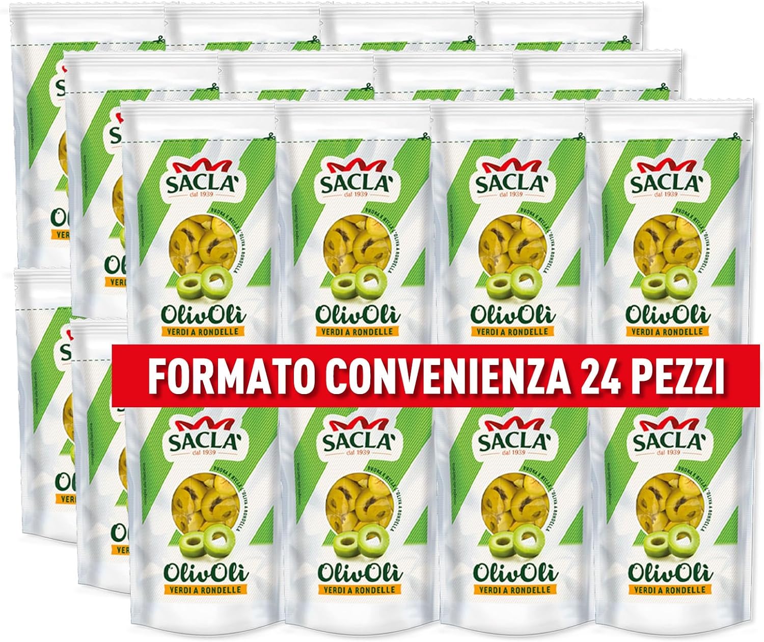 Saclà, OlivOlì, Olive Verdi a Rondelle, Ideali per Insalate e per Arricchire i Tuoi Piatti, Busta, 185g (85g sgocciolato), Confezione da 24 pezzi