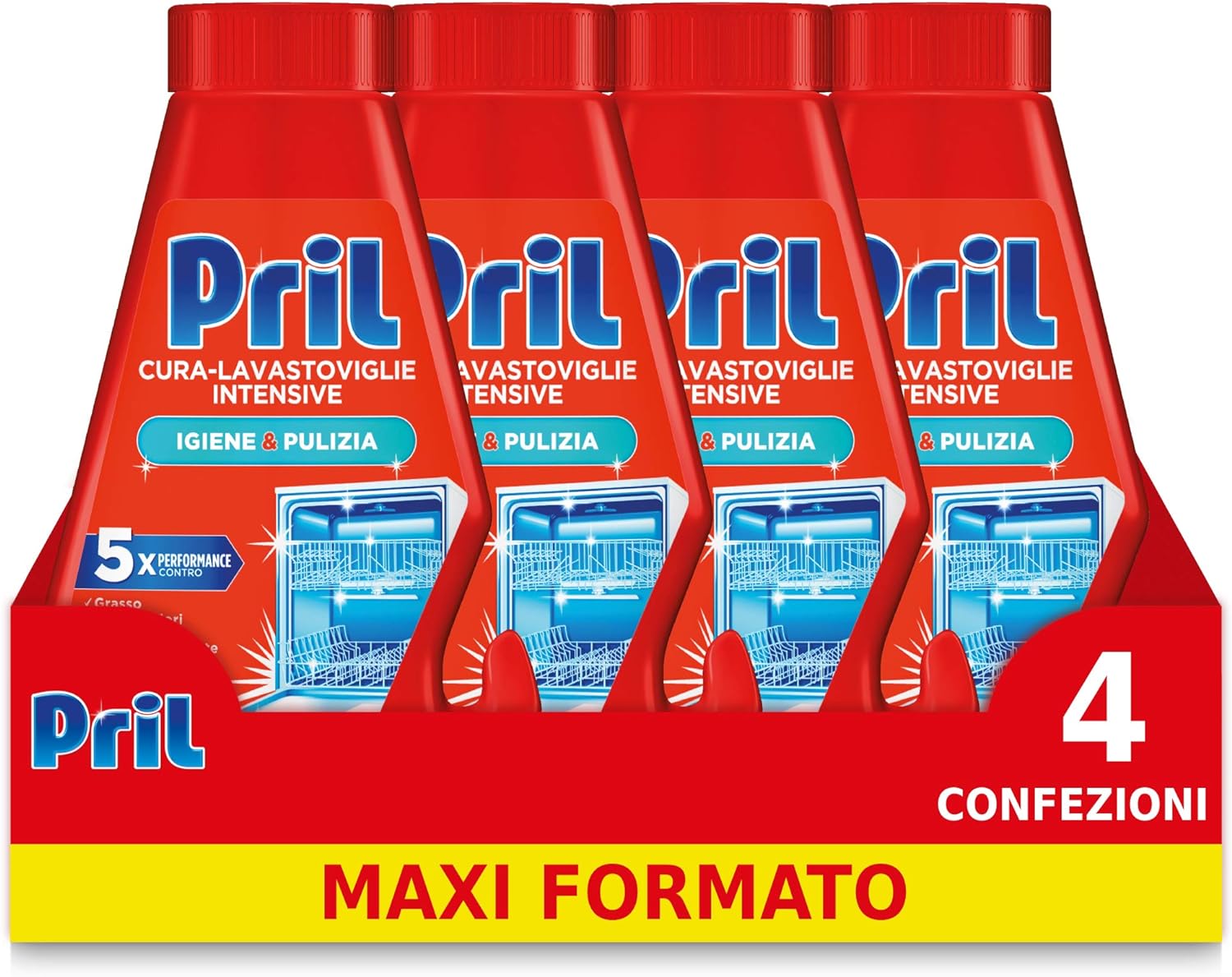 Pril Cura-Lavastoviglie Intensive, Rimuove Grasso, Cattivi Odivi e Calcare da Lavastoviglie, Confezione 4 pezzi da 250 ml