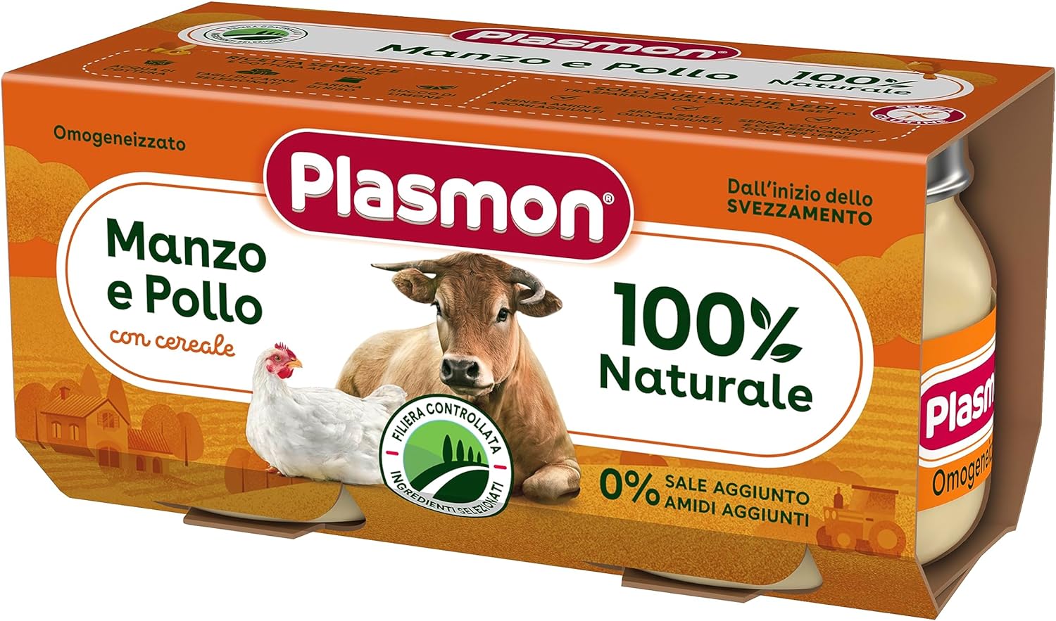 Plasmon Omogeneizzato Carne Manzo, pollo e cereale 2x80g Con Carne Italiana, 100% naturale, senza amidi e sale aggiunti