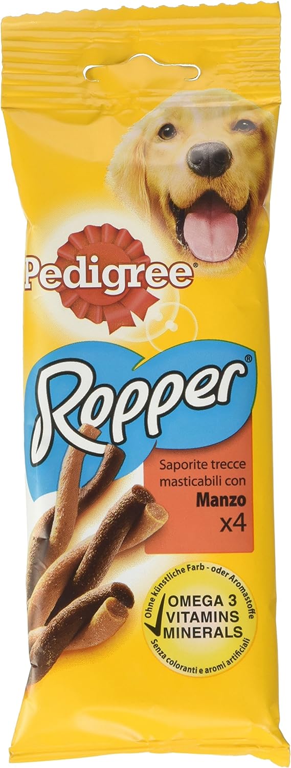 Pedigree Ropper Saporite Trecce Masticabili con Manzo, 4 x 17.5g