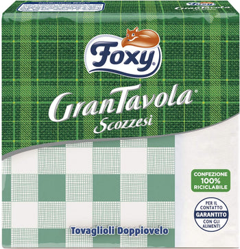 Foxy GranTavola Scozzesi | Tovaglioli Doppiovelo | 43 pezzi 32x32,5cm | Decoro scozzese 4 colori | Carta 100% certificata PEFC™ | Confezione 100% riciclabile