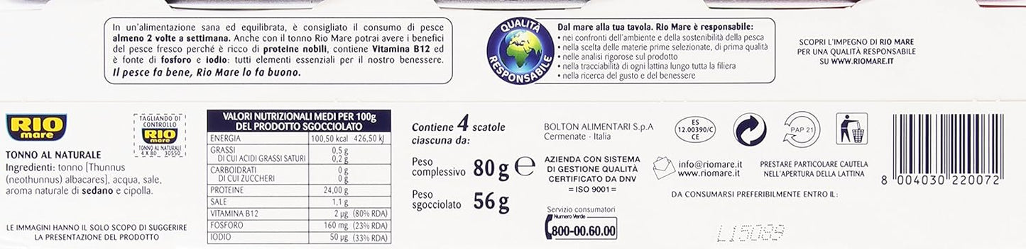 Rio Mare Tonno al Naturale Qualità Pinne Gialle, 1% di grassi, 12 Lattine da 80 g