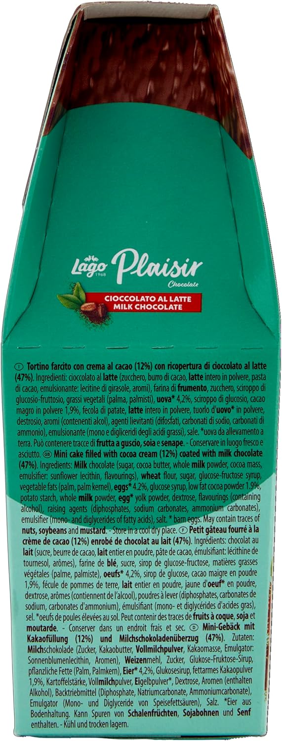 Lago 1968 Plaisir Chocolate, Mignon di Soffice Pan di Spagna Ricoperto di Cioccolato al Latte Farcito di Pregiata Crema al Cacao, 9 Monoporzioni, 117g