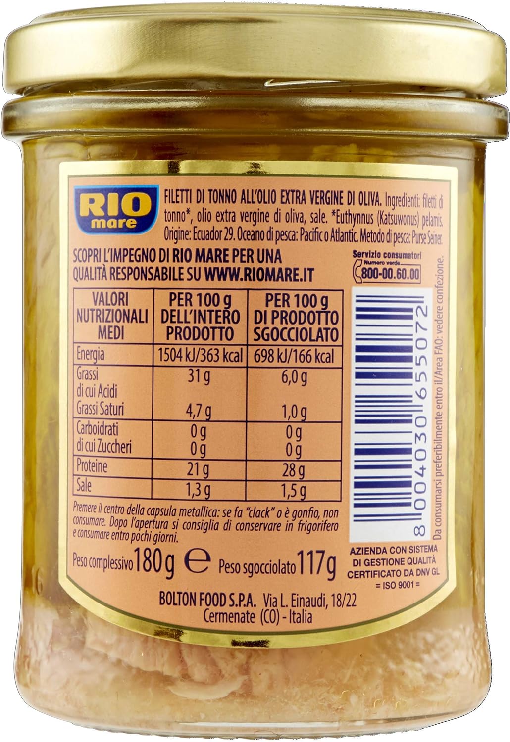 Rio Mare Filetti di Tonno all'Olio Extravergine di Oliva, Lavorati a Mano, 1 Vasetto da 180g