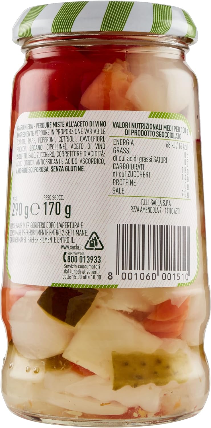 Saclà, Acetelli, Giardiniera, Ideale per Aperitivo, Antipasti e Preparazioni, Vaso Vetro, 290g (170g sgocciolato)