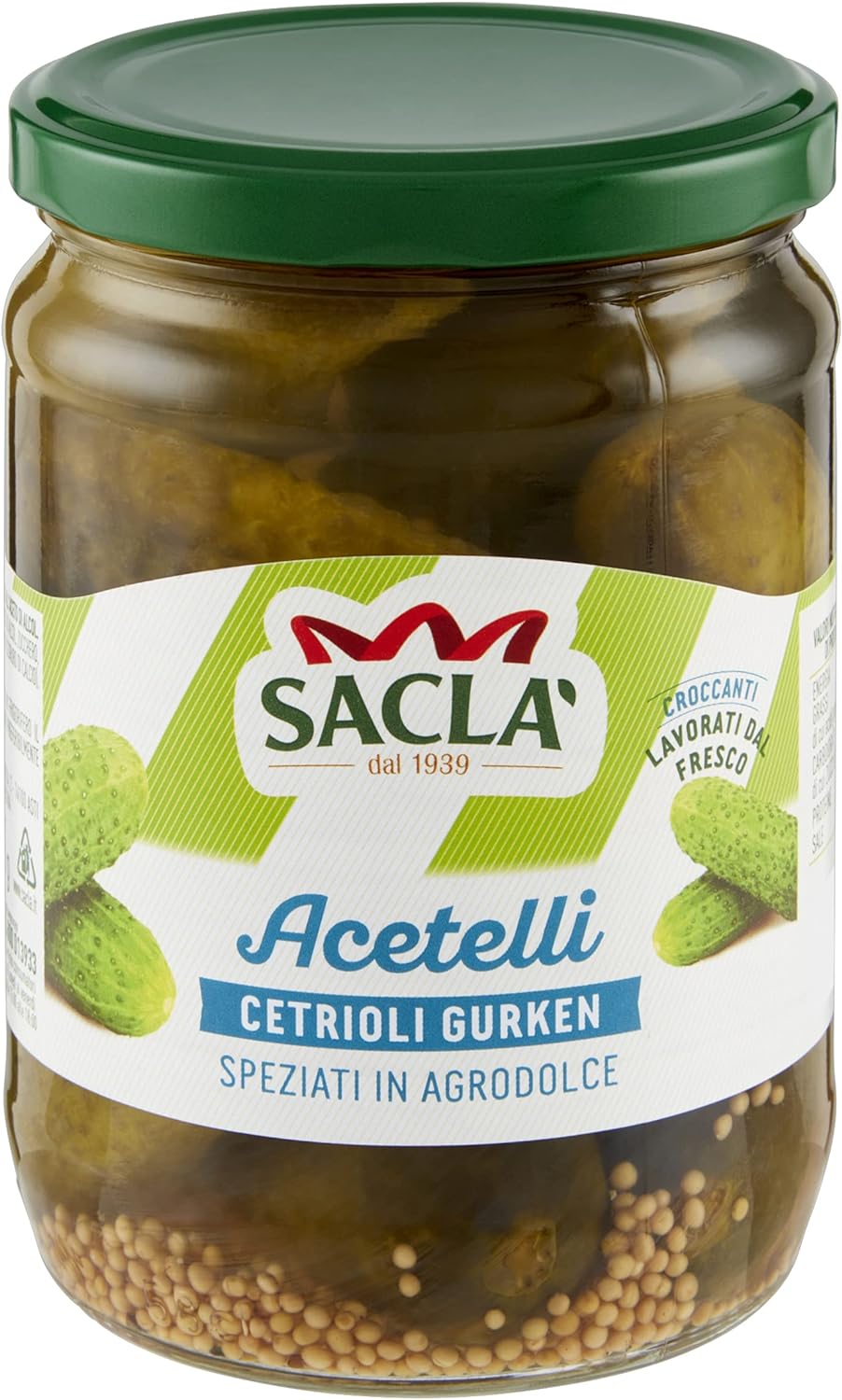 Saclà, Cetrioli Gurken in Agrodolce, Cetrioli Croccanti e Speziati, Ideali per Aperitivi, Vaso Vetro, 530g (290g sgocciolato), Confezione da 6 pezzi