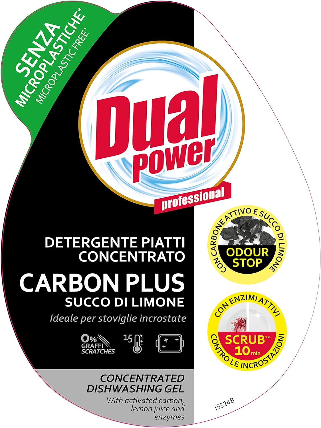 Dual Power Carbon Plus, Detergente Piatti Concentrato con Succo di Limone ad Elevato Potere Sgrassante, Ideale per Stoviglie Incrostate, Senza Microplastiche, Made in Italy, Dispenser 600 ml