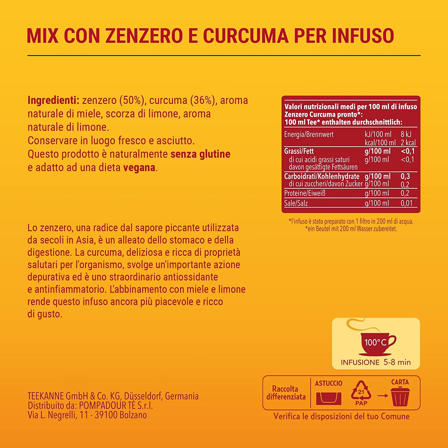 Pompadour, Infuso Zenzero e Curcuma, 60 Filtri (3 Confezioni da 20 Filtri), Depurativo e Speziato, 100% Naturale, Senza Lattosio, Glutine e Allergeni