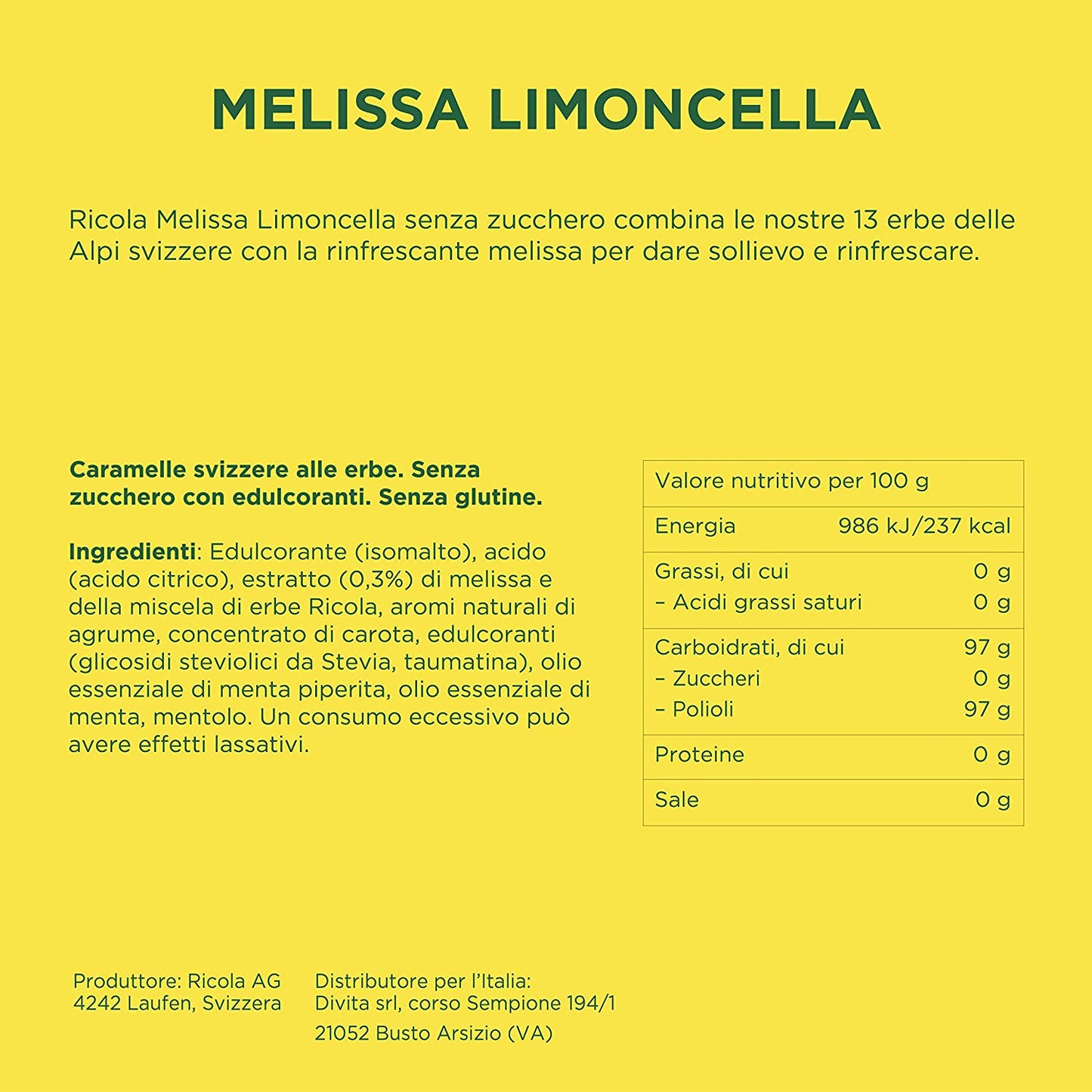 Ricola - Box da 12 Buste di Caramelle Svizzere alle Erbe Ricola Gusto Melissa Limoncella da 70 g, Senza Zucchero con Estratto di Stevia, Senza Glutine e Senza Lattosio