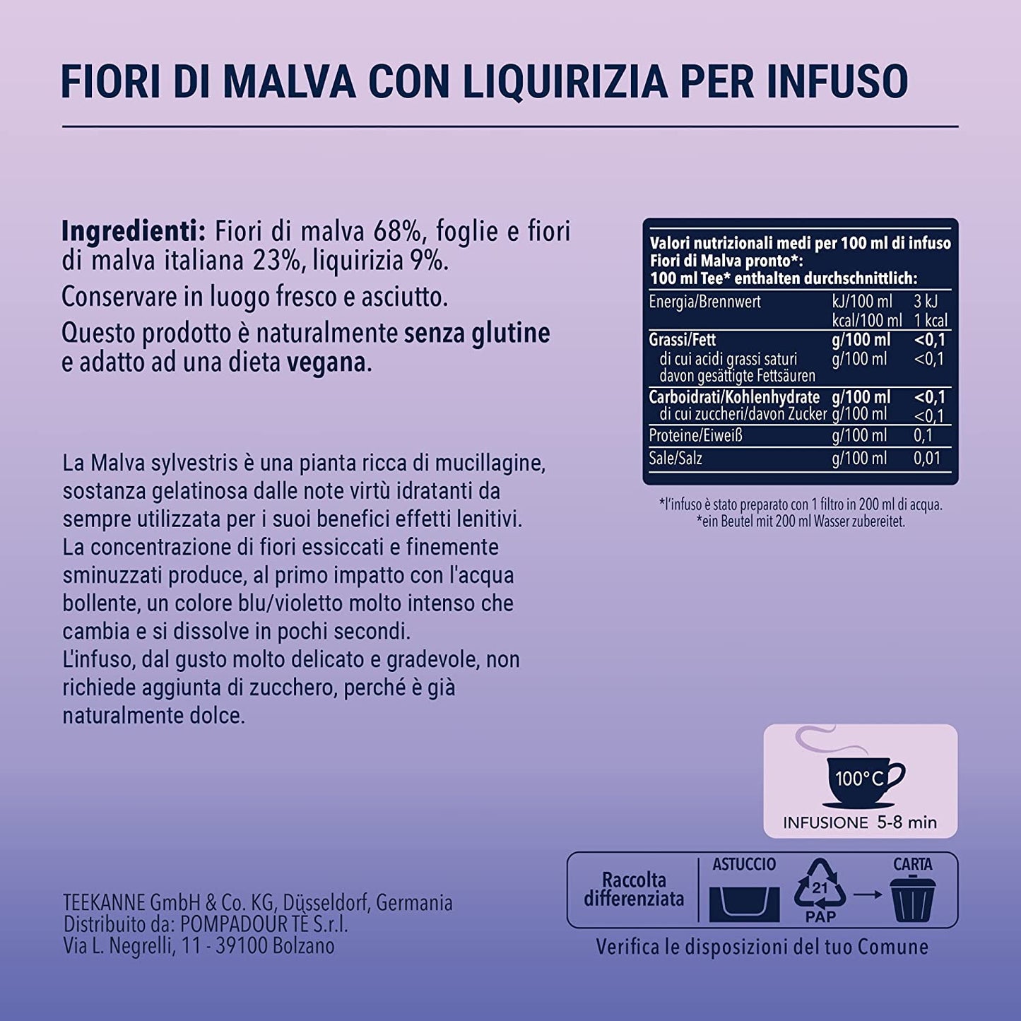 Pompadour, Infuso Fiori di Malva, 60 Filtri (3 Confezioni da 20 Filtri), Idratante, Lenitivo, Emolliente, 100% Naturale, Senza Lattosio, Glutine e Allergeni, Vegan